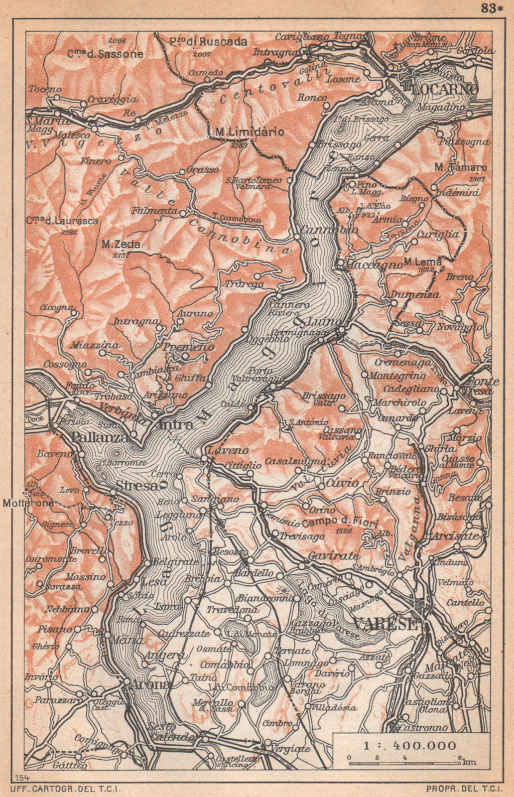 LAKE LAGO MAGGIORE  vintage map plan. Varese. Italy 1958 old vintage chart